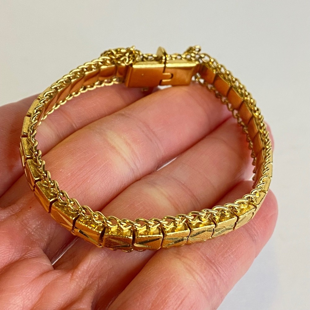 Vintage Gold Tone Geometric Link Bracelet Etched Rope Safety Chain 6.5" Retro - Picture 7 of 11
